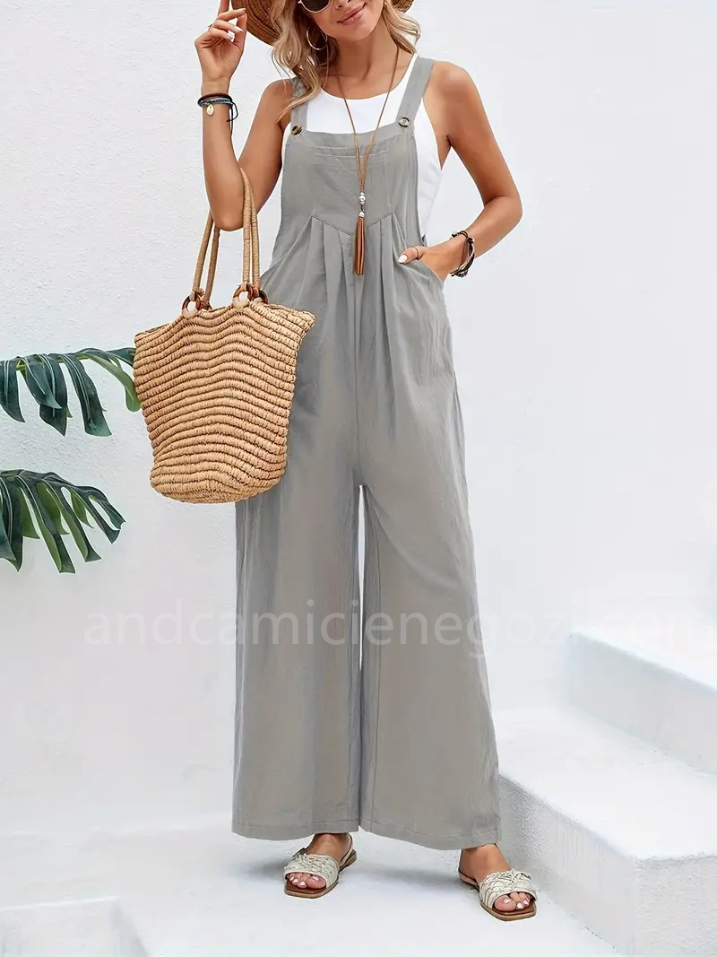 (image for) Boho Solid Sleeveless Long Length Jumpsuit, Casual Baggy Jumpsuit With Pockets, Women\'s Clothing | Andcamicienegozi.Com 01