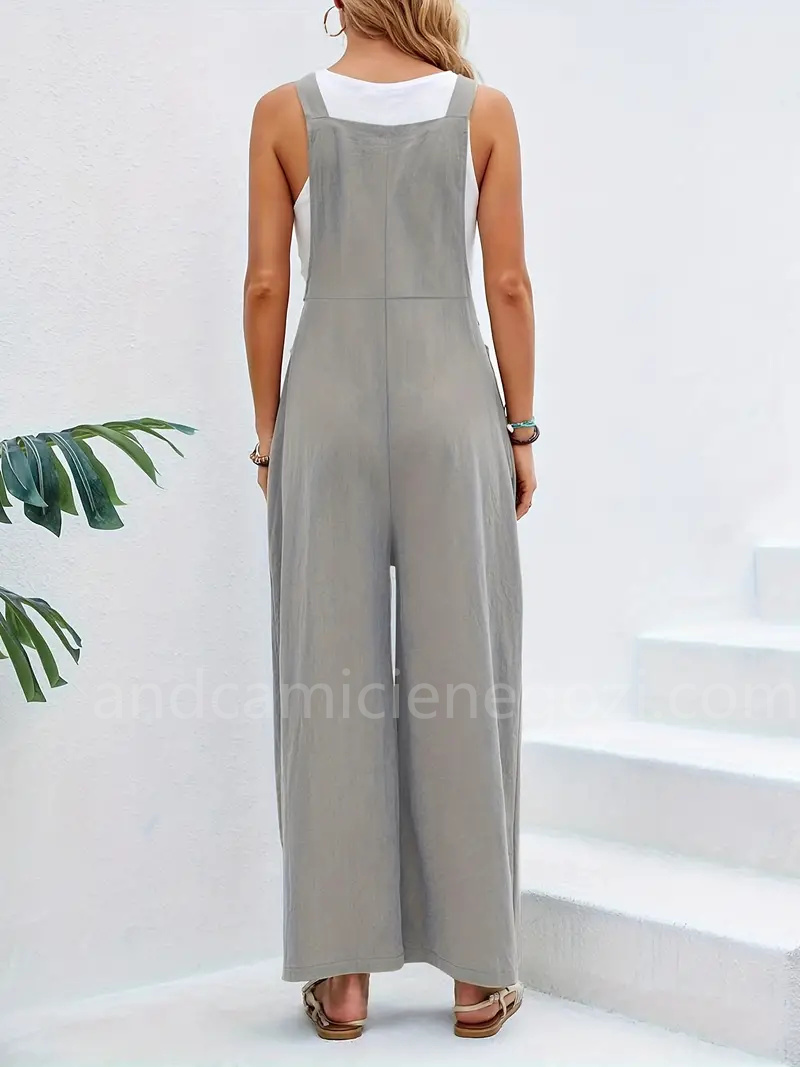 (image for) Boho Solid Sleeveless Long Length Jumpsuit, Casual Baggy Jumpsuit With Pockets, Women\'s Clothing | Andcamicienegozi.Com 01